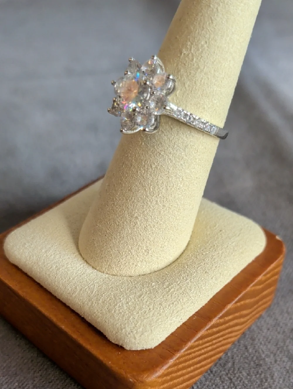Flower Moissanite Engagement Ring - White Gold Plated Size 7